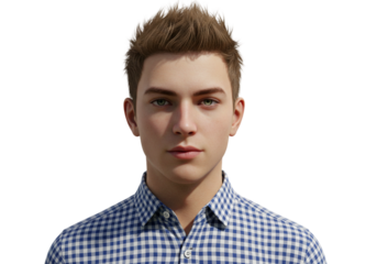 Young Man Portrait Handsome Model Casual Shirt Blue Gingham Stylish Attractive Male Person 3D Face  