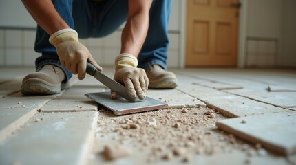 Close-Up of Construction Worker Removing Old Floor Tiles for Renovation