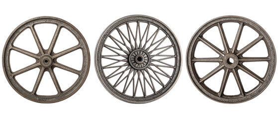 Fototapeta premium Three antique-style wheels isolated with transparent background