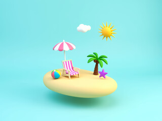 Obraz premium cheerful 3d rendering of a summer beach scene with a striped chair and umbrella on a small island