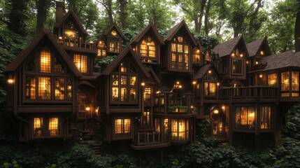 Fototapeta premium Enchanting Illuminated Wooden House in Forest Setting