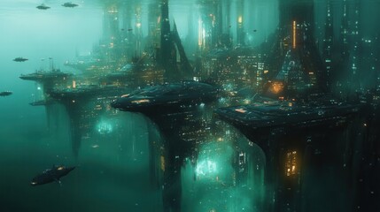 Futuristic underwater cityscape with illuminated skyscrapers and vessels