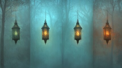 Obraz premium Enchanting Lanterns Hanging in Misty Forest