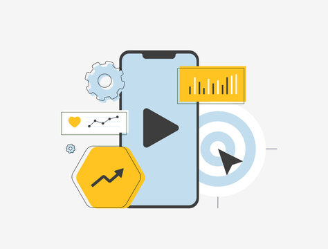 Mobile video analytics illustration with smartphone, play button, charts, growth arrow and target. Video performance, marketing insights, audience engagement and data tracking vector illustration