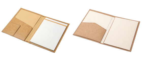Two beige leather portfolios isolated with transparent background