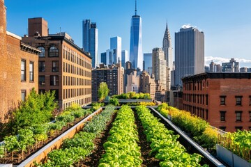 Fototapeta premium Rooftop Garden in Downtown Manhattan Cityscape View