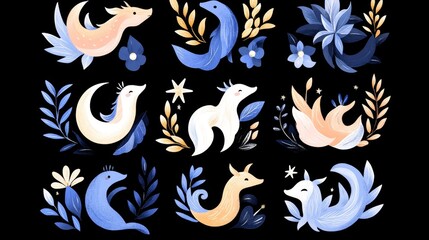 Fototapeta premium Enchanting Moonlit Creatures Floral Designs