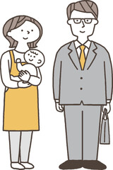 赤ちゃんを抱っこする女性とスーツの男性単色