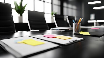Modern Office Meeting Room Table with Documents Sticky Notes and Pens