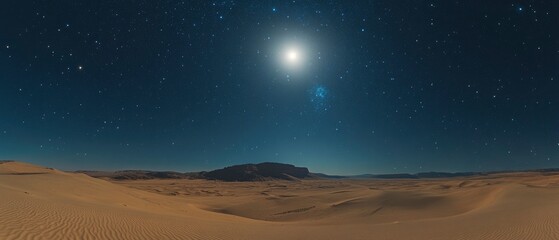 Majestic night sky over vast desert dunes illuminated by bright moon and distant stars
