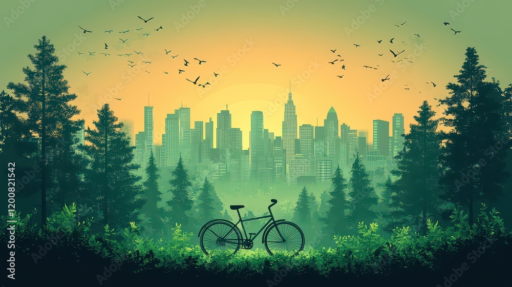 Poster Sunrise cityscape view from a forest with a bicycle.