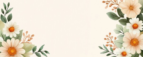 Floral watercolor idea. Delicate floral border design featuring soft creamy petals and lush green leaves.