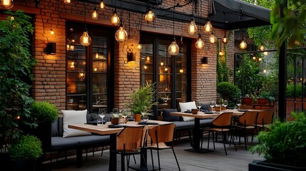 Fototapeta premium cozy brick patio restaurant night scene - cozy ambiance