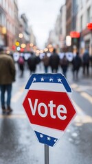 Fototapeta premium Vote Sign in Focus at Urban Street Rally with Blurred Background