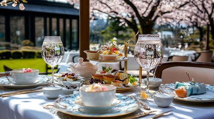 Fototapeta premium elegant afternoon tea in cherry blossom garden - outdoor dining/pic.