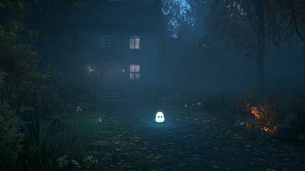 Enchanting Night Scene Glowing Ghost Near Haunted House