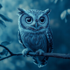 Cute Blue Owl on Tree Branch in Magical Night SkyCute Blue Owl on Tree Branch in Magical Night Sky
