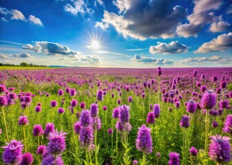 Fototapeta premium Panoramic lavender meadow explodes with spring wildflowers, a breathtaking purple bloom.