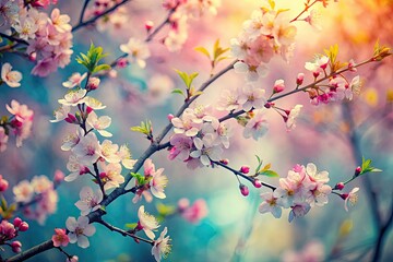 Pastel spring blossoms paint abstract artistry across blooming branches, a nature-inspired image.