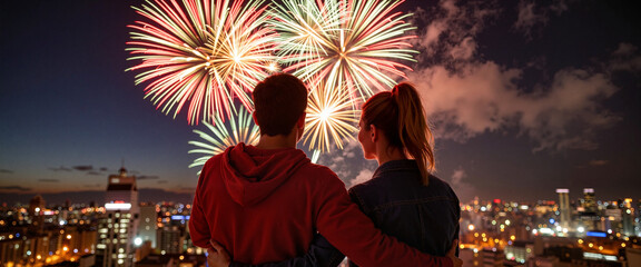 Obraz premium Cheerful young Hispanic couple watching fireworks on rooftop, celebration