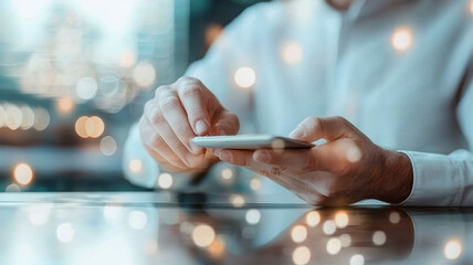 Person using smartphone with blurred lights in background, feeling secure