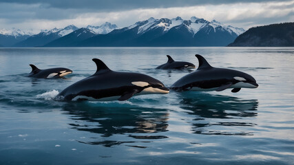 Fototapeta premium Orcas Swimming in the Ocean