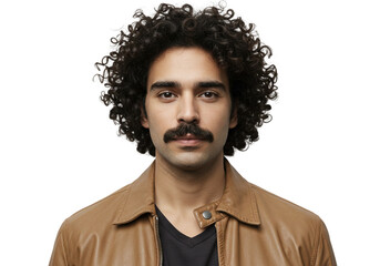 Portrait of a Man with Curly Hair Mustache Brown Jacket 70s 80s Face Male Style Model Retro Adult   