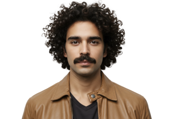 Portrait of a Man with Curly Hair Mustache Brown Jacket 70s 80s Face Male Style Model Retro Adult   