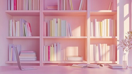 Pink Sanctuary: A cozy and inviting home office, with built-in bookshelves filled with a colorful array of books, a laptop, and decorative elements, creating a relaxing and inspiring workspace. 