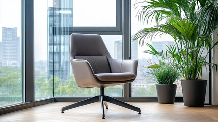 Comfortable chair in bright room with plants and large windows