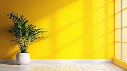 Sunlit Serenity: A vibrant potted plant stands elegantly against a sunny yellow wall with streaming sunlight and a window.