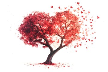 Fototapeta premium Romantic Red Tree with Falling Hearts