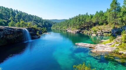 Fototapeta premium Serene River and Waterfall in Lush Forest