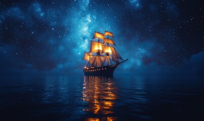 Lighted ship sails starry night sea.