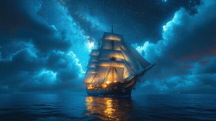 Fototapeta premium Night sailing ship, starry sky, dark ocean.