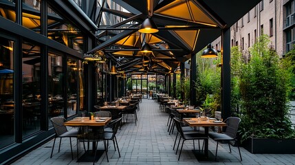 modern restaurant patio, outdoor dining - warm lighting
