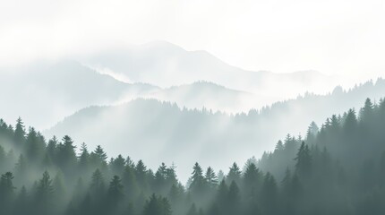 Foggy watercolor mountains, hills and trees. mountains in the fog