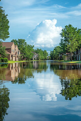 Fototapeta premium Scenic reflection of suburban homes and lush trees on a calm flooded street under a bright blue sky with fluffy clouds.