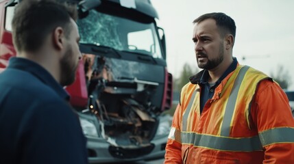 Conversation Between Truck Driver and Officer After Road Accident with Damaged Vehicle in Background