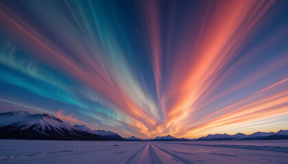 Vibrant aurora borealis and sunset over snowy landscape.
