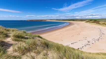 Fototapeta premium Scenic beach view with sand dunes and calm ocean waters.