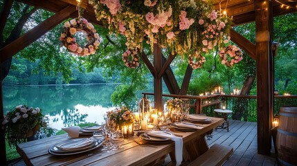 Fototapeta premium romantic lakeside dinner, floral decor - rustic chic