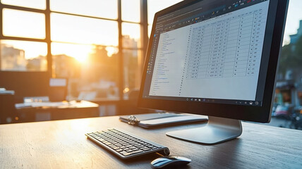 modern workspace with computer displaying data sheets and sunset light