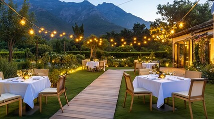 Obraz premium romantic outdoor dinner, mountain view - luxury travel