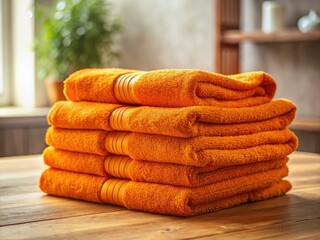 Soft orange towels, richly textured, create a warm contrast against the bright bathroom's wooden counter.  Close-up detail showcases luxurious bath linens.