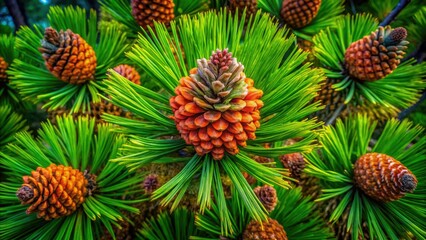 Fototapeta premium South Dakota's Black Hills: Aerial views of Ponderosa pines, showcasing intricate cones and needles.