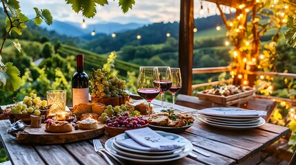 Fototapeta premium romantic vineyard dinner, sunset wine - rustic/farmhouse aesthetic