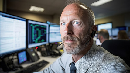 Fototapeta premium Professional stockbroker monitoring market data in control room