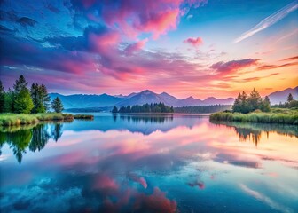 Fototapeta premium Subtle pink, blue, and gray hues paint a calming, dreamy pastel landscape.