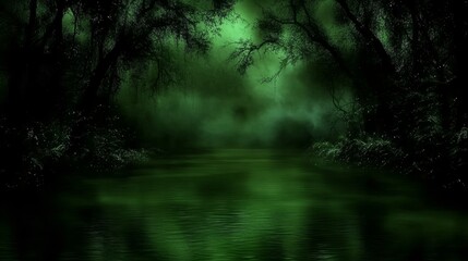 Enigmatic Green Forest River at Night Mist